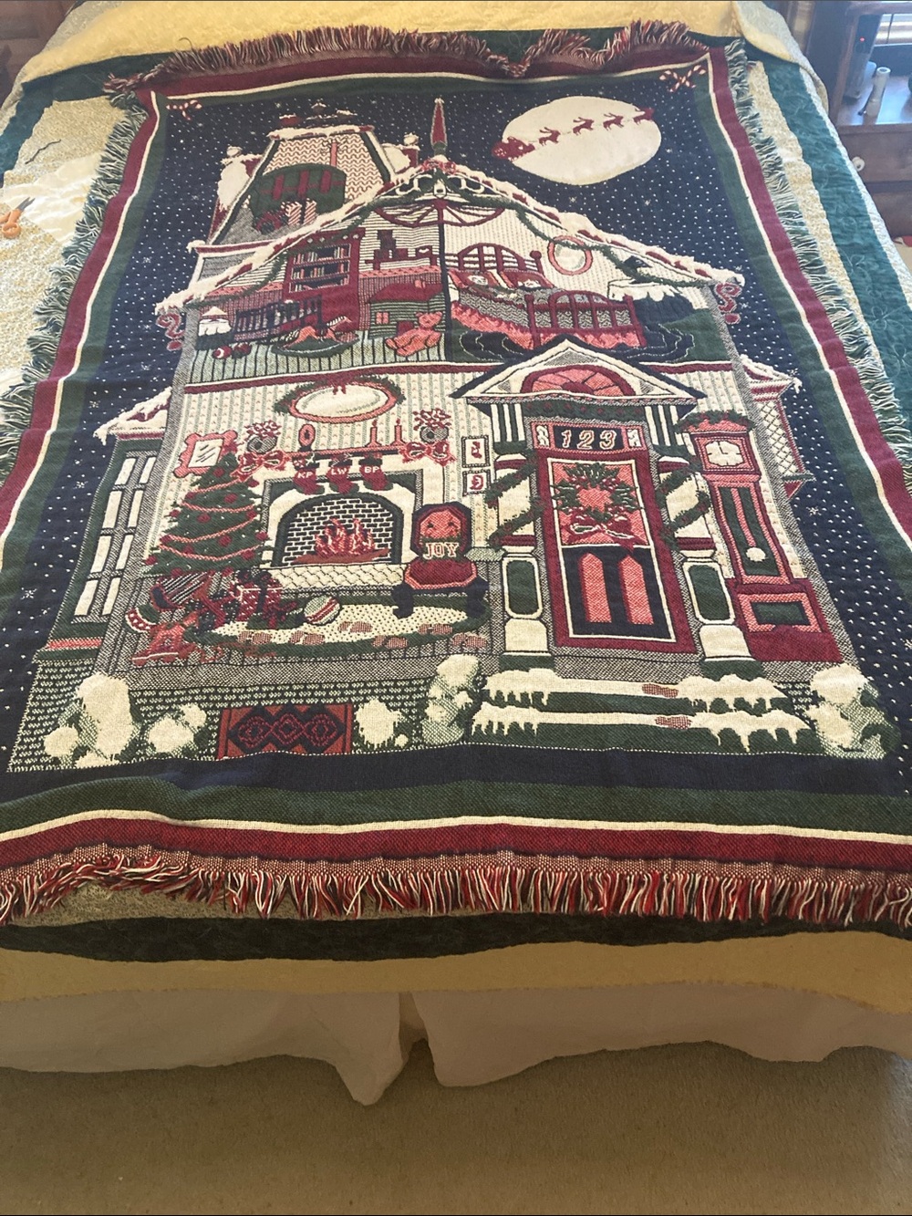Vtg 1993 MWW  Victorian Christmas House woven tapestry throw blanket fringe